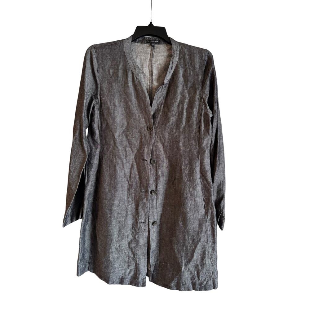 Eileen Fisher Dark Gray Linen Jacket Shirt Mandarin Collar Multi Pleated Back S